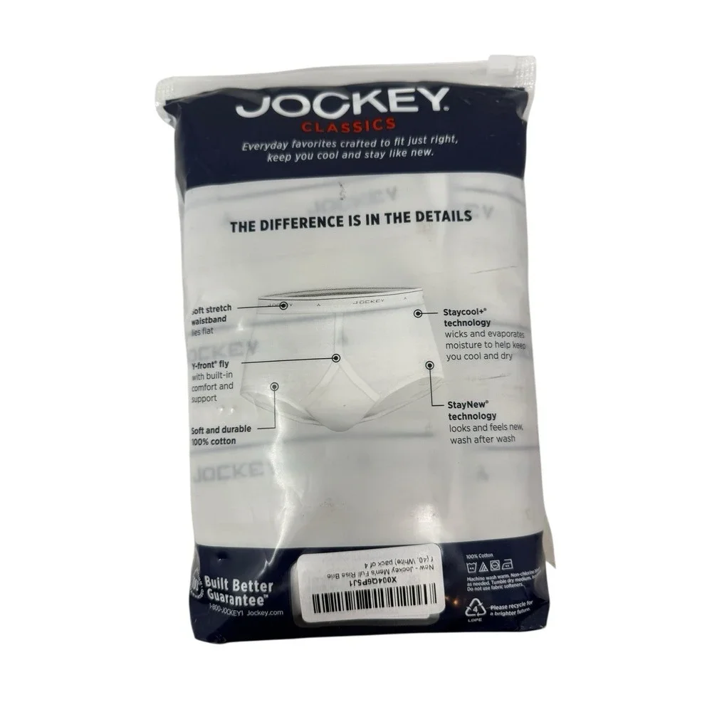Jockey Classics Men's‎ 40 Full Rise Briefs 4-Pack 100% Cotton White NEW.